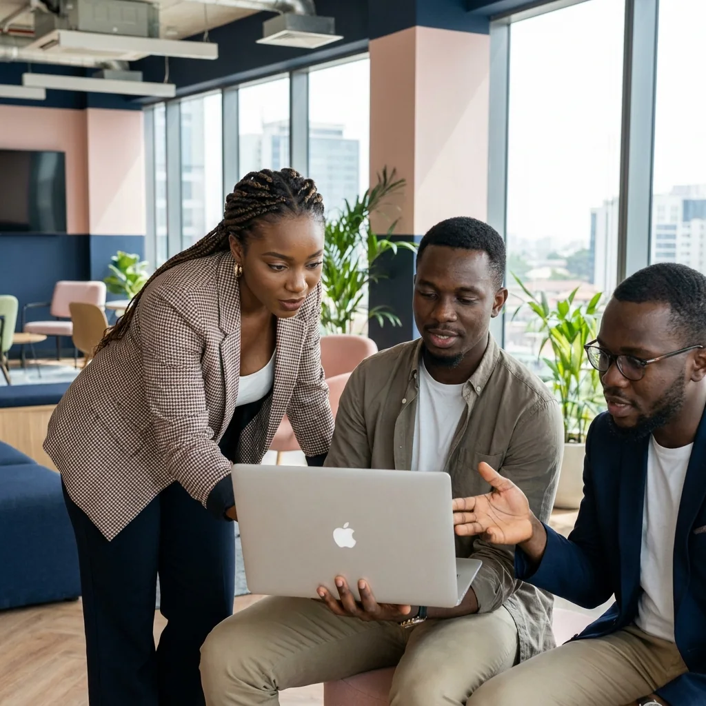 A collaborative discussion around a laptop