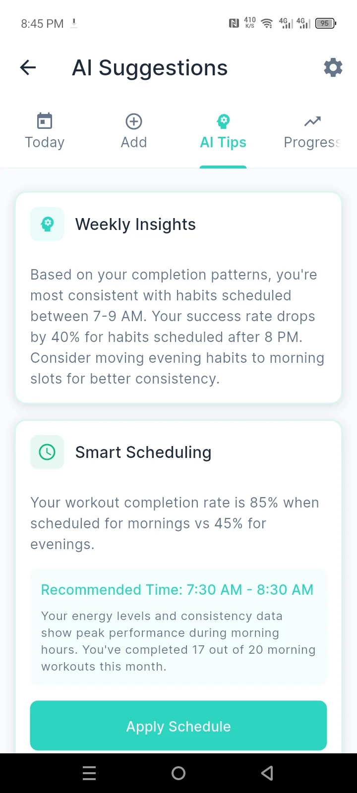 HabitMind AI suggestions screen with weekly insights and scheduling