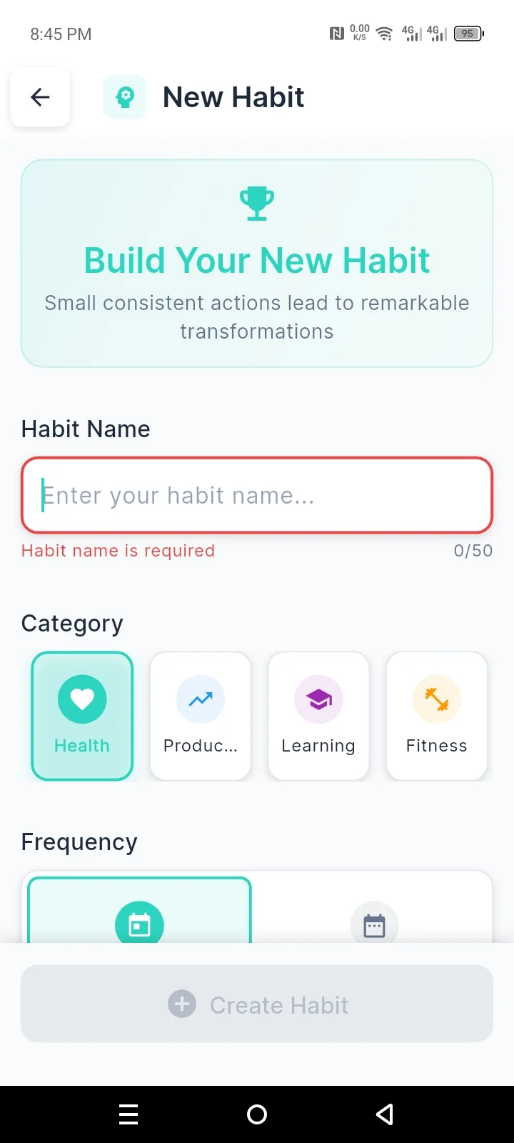 HabitMind new habit screen with category and frequency settings
