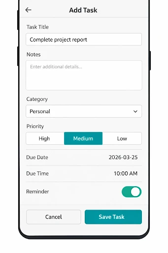 TaskFlow App add-task screen with notes, priority, due date, time and reminder