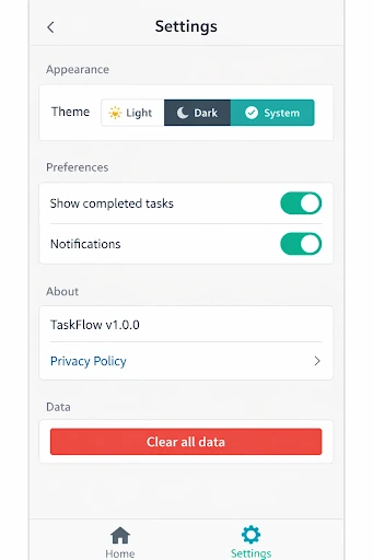 TaskFlow App settings with light, dark and system themes and notification preferences