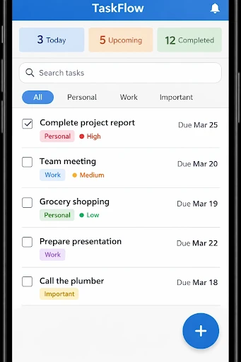 TaskFlow App task list with categories, priorities and completion checkboxes