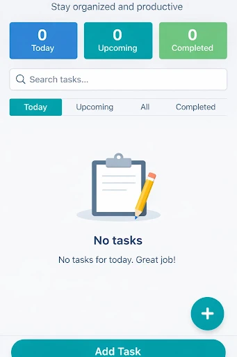 TaskFlow App today view with task search and upcoming and completed filters