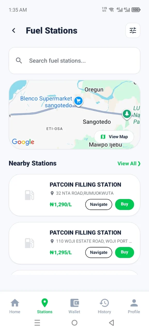 GoFuel fuel stations screen