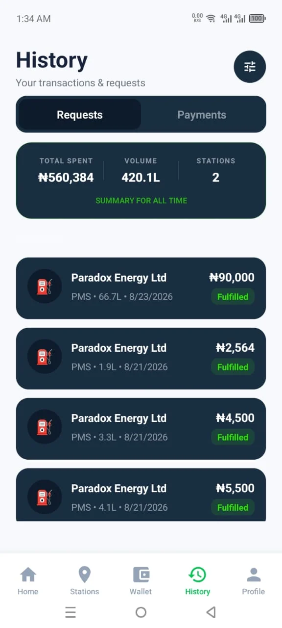 GoFuel history screen