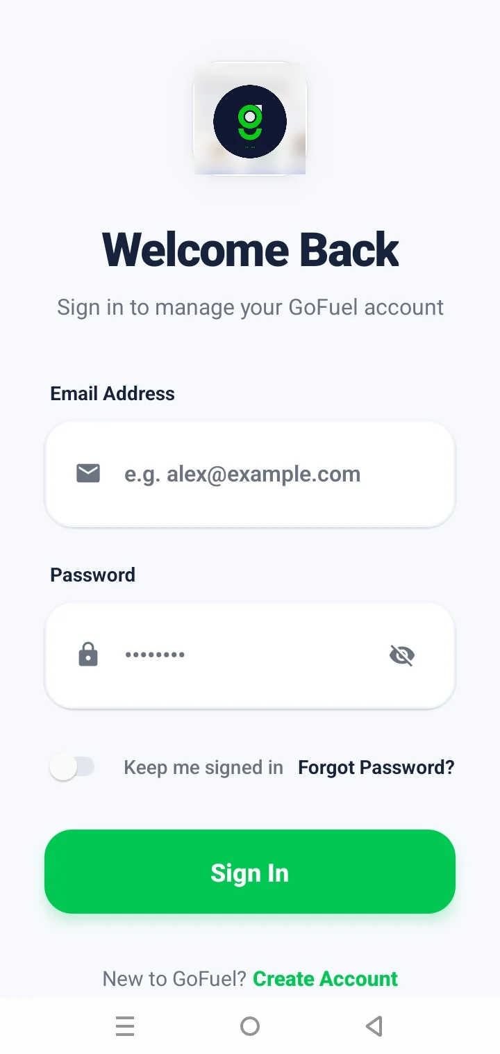 GoFuel login screen